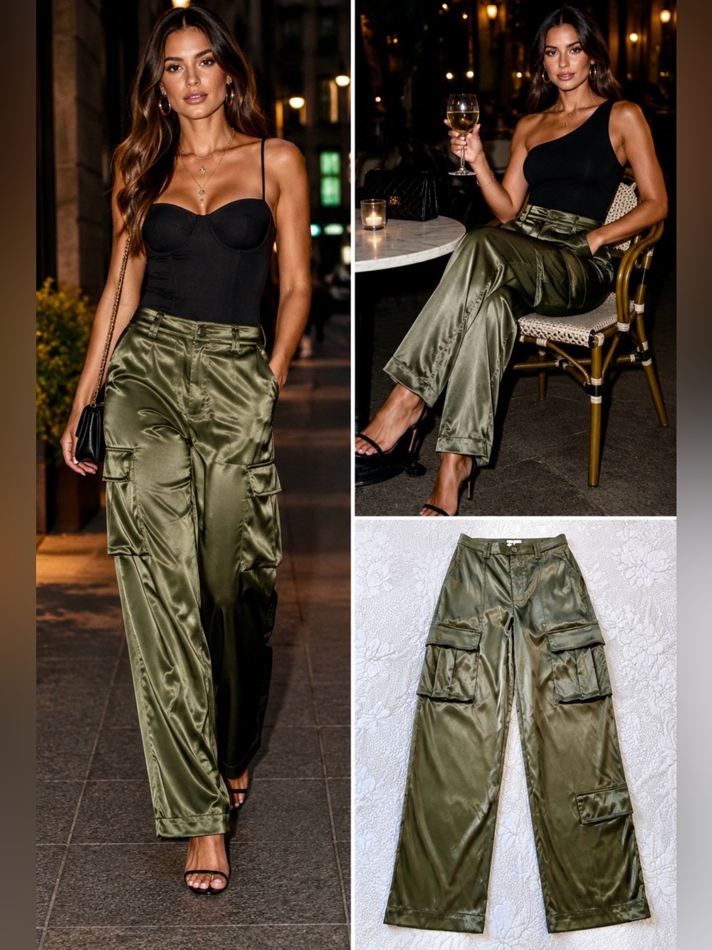 NWT REMI x REVOLVE Sydney Satin Cargo Pants Dark Green Utility Luxe Sz M 🧡